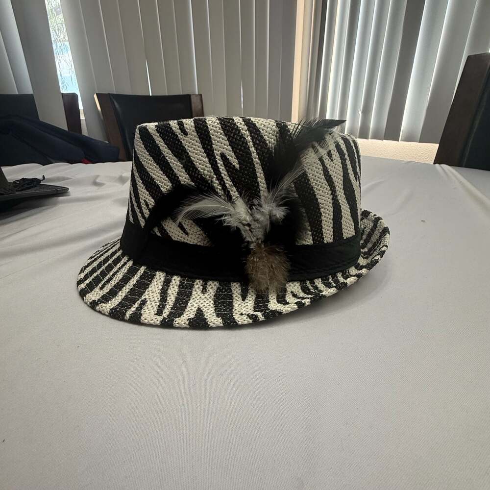 Zebra Print Paper Straw Fedora Hat with Feather Detail - Picture 2 of 7